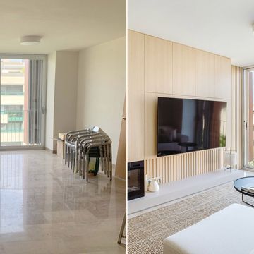 salón antes y después con mueble de tv de madera y sofá blanco
