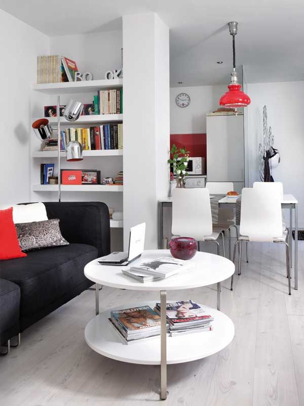Living room, Furniture, Room, White, Interior design, Coffee table, Property, Red, Shelf, Table, 