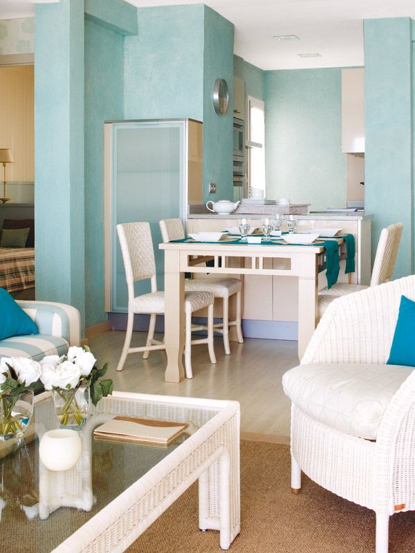 Room, Furniture, Turquoise, Interior design, Property, Table, Living room, Building, Floor, Dining room, 