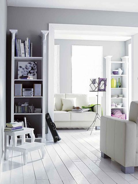 Furniture, Shelf, Room, White, Living room, Interior design, Shelving, Table, Floor, Purple, 