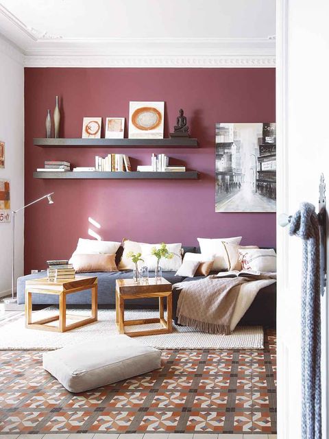 Furniture, Shelf, Room, Interior design, Living room, Wall, Floor, Purple, Shelving, Lighting, 