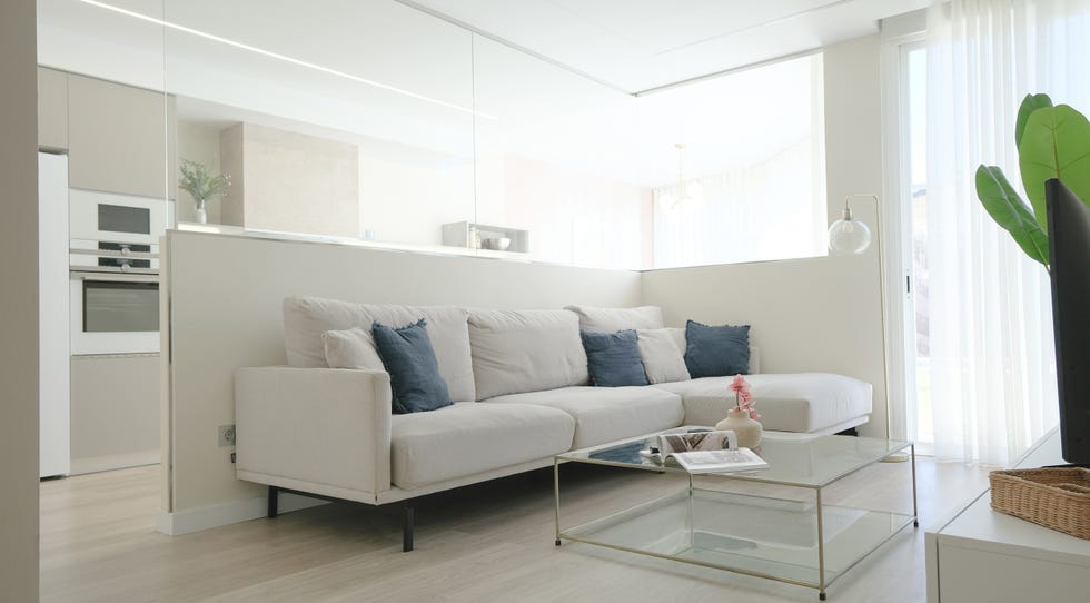 salón abierto a la cocina con sofá con chaiselongue