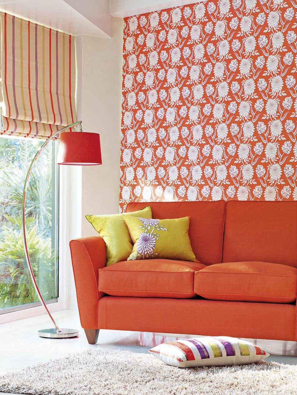 Orange, Living room, Furniture, Couch, Interior design, Room, Curtain, Yellow, Window covering, Wall, 