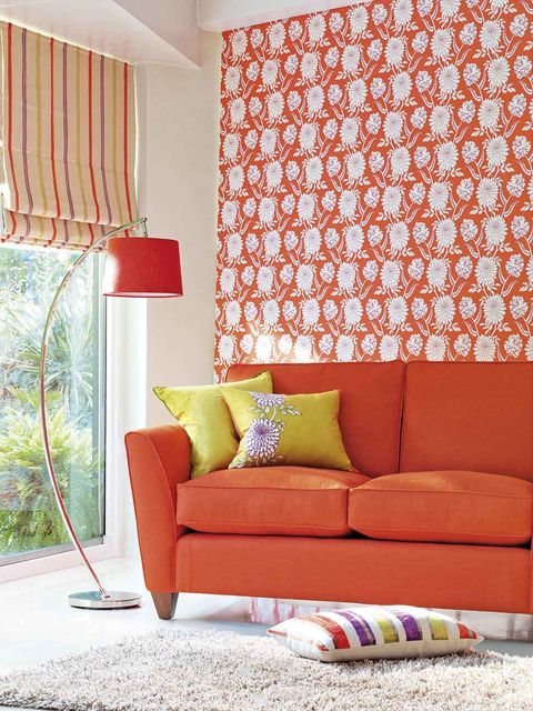 Orange, Living room, Furniture, Couch, Interior design, Room, Curtain, Yellow, Window covering, Wall, 