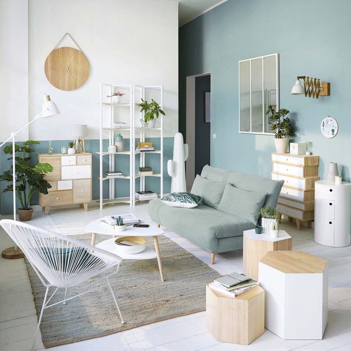 salón fresco en verde y blanco para verano