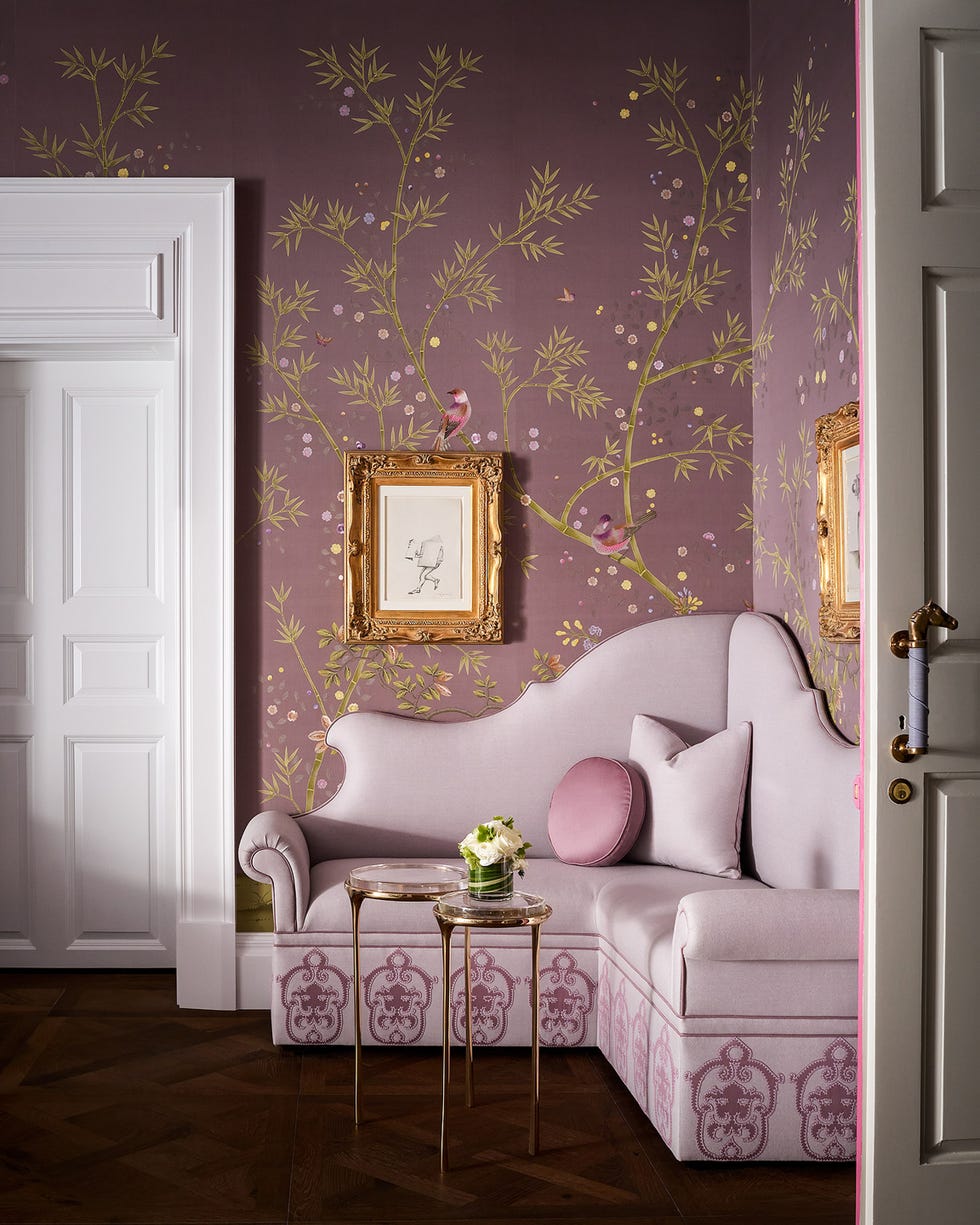 mauve salon with tree wallpaper