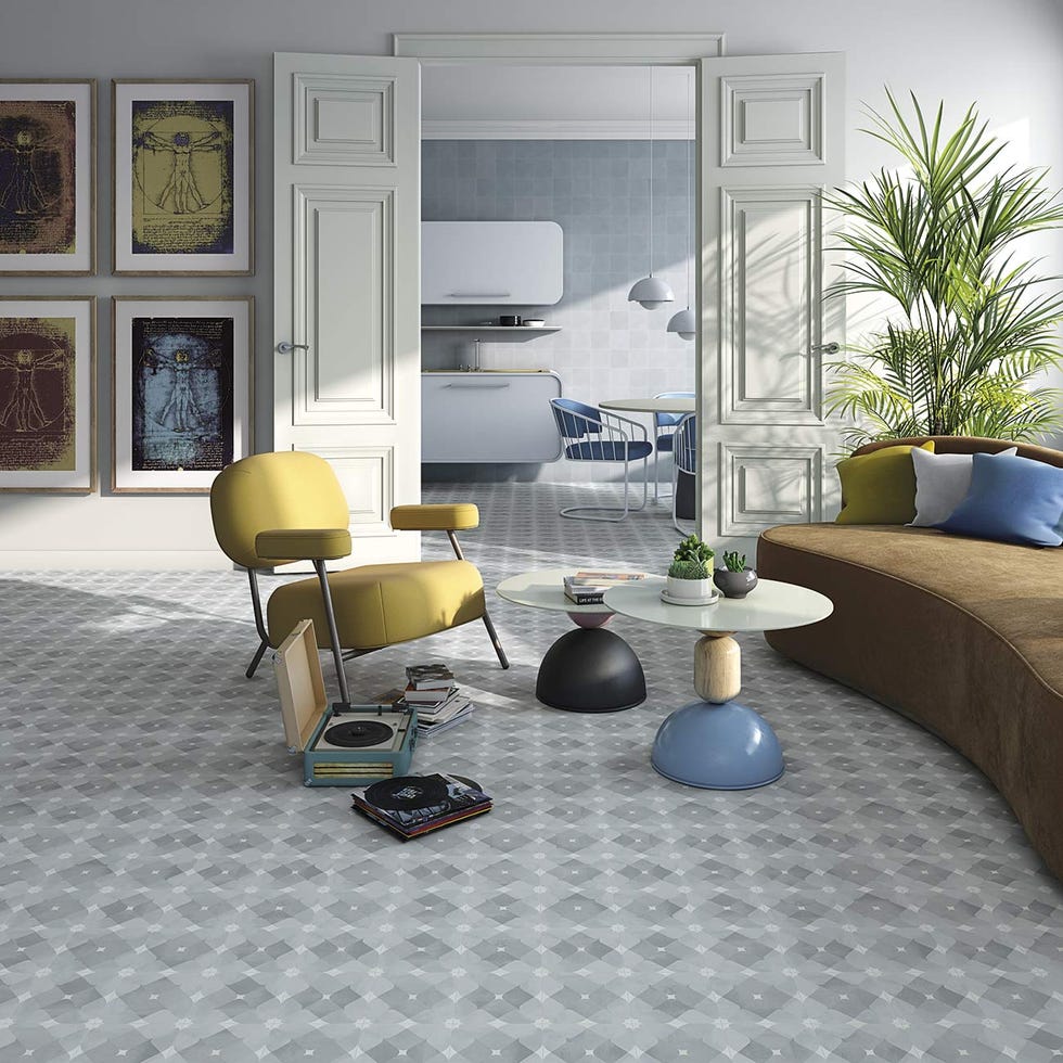 salón estilo años 60 porcelánicos rectificados