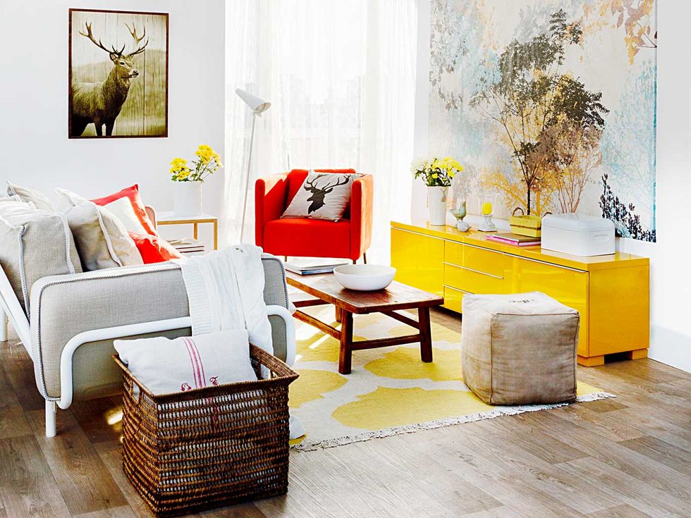 furniture, room, living room, interior design, yellow, orange, table, product, wall, floor,