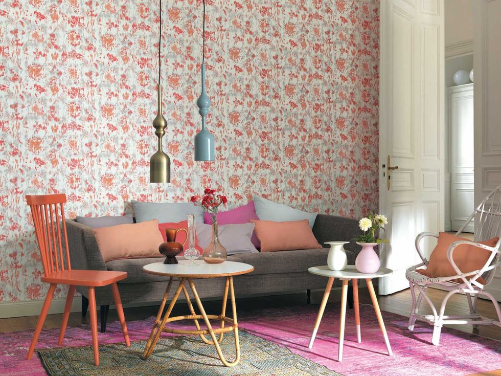 Pink, Furniture, Room, Chair, Interior design, Red, Table, Green, Dining room, Wallpaper, 