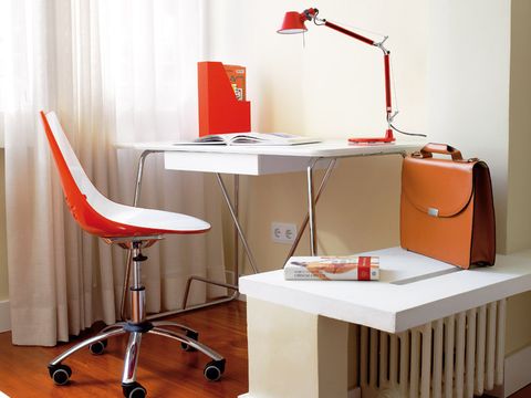 Furniture, Desk, Product, Red, Orange, Table, Interior design, Room, Lighting, Chair, 