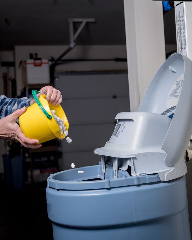 salt pellets are poured from a yellow bucket into a blue water softener
