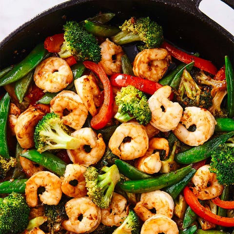 salteado de verduras y gambas