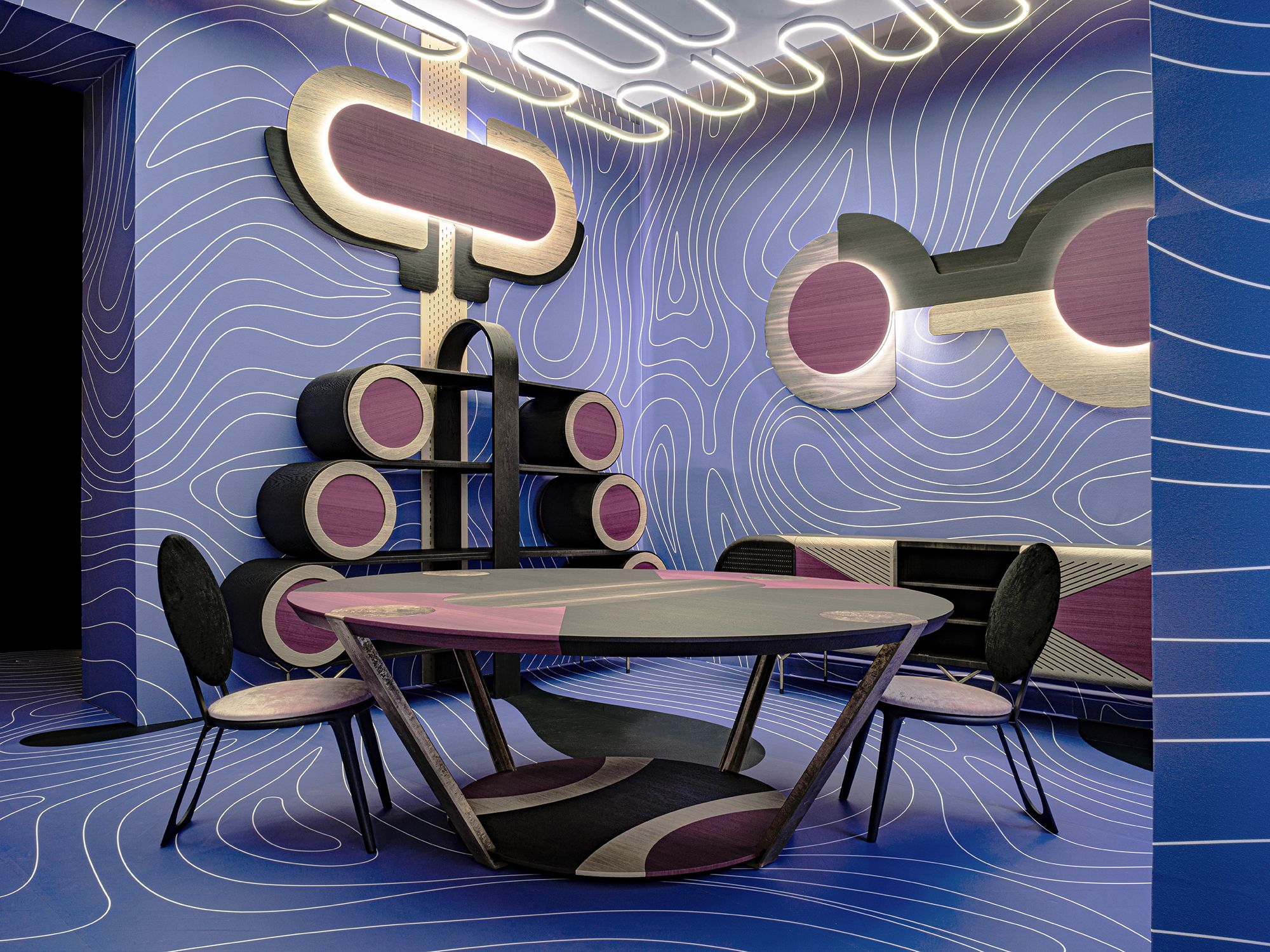 Purple, Interior design, Violet, Table, Wall, Furniture, Room, Design, Font, Art, 