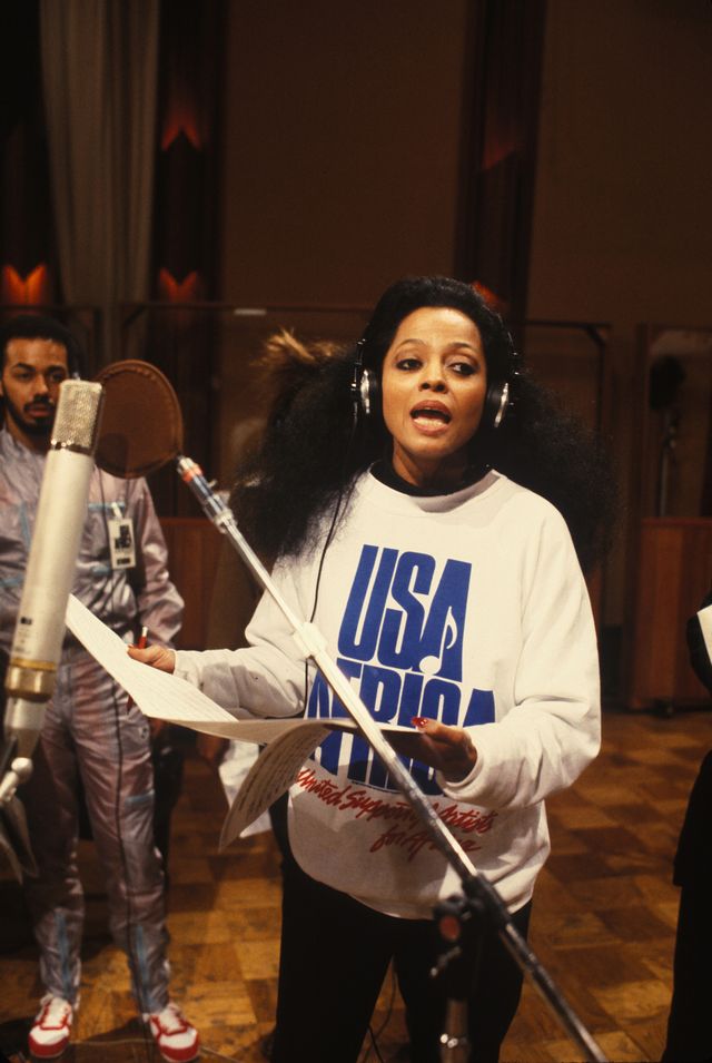 popular recording artists put aside their egos to record a song to benefit africa artists recorded "we are the world", at am studios in hollywood produced and conducted by quincy jones, the song was written by lionel richie and michael jackson sam emersonpolaris  diana ross records her solo  for the production of "we are the world"
