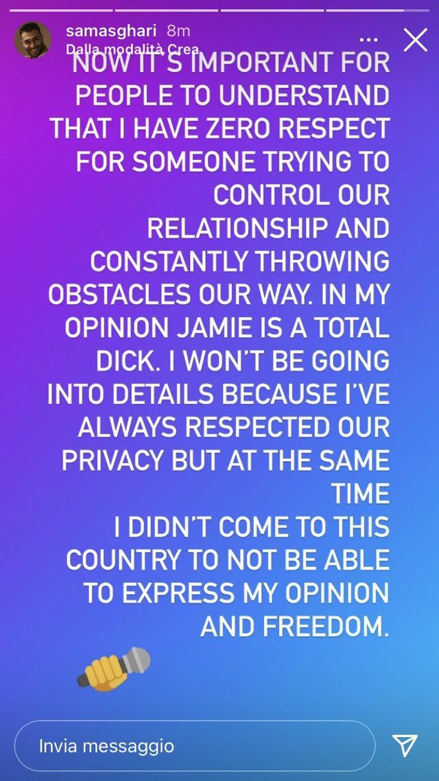 white text on blue background at bottom left, an emoji of a hand holding a mic screenshot of instagram story text reads "now it's important for people to understand that i have zero respect for someone trying to control our relationship and constantly throwing obstacles our way in my opinion jamie is a total dick i won't be going into details because i've always respected our privacy but at the same time i didn't come to this country to not be able to express my opinion and freedom"