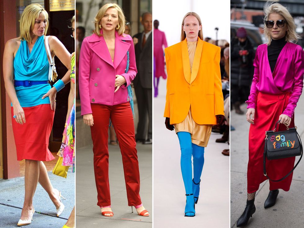 Clothing, Street fashion, Pink, Fashion, Yellow, Red, Orange, Blazer, Electric blue, Fashion model, 