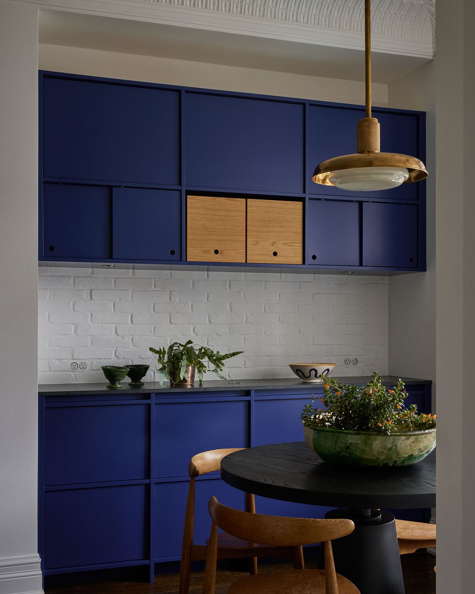 Floor To Ceiling Navy Kitchen Cabinets Design Ideas