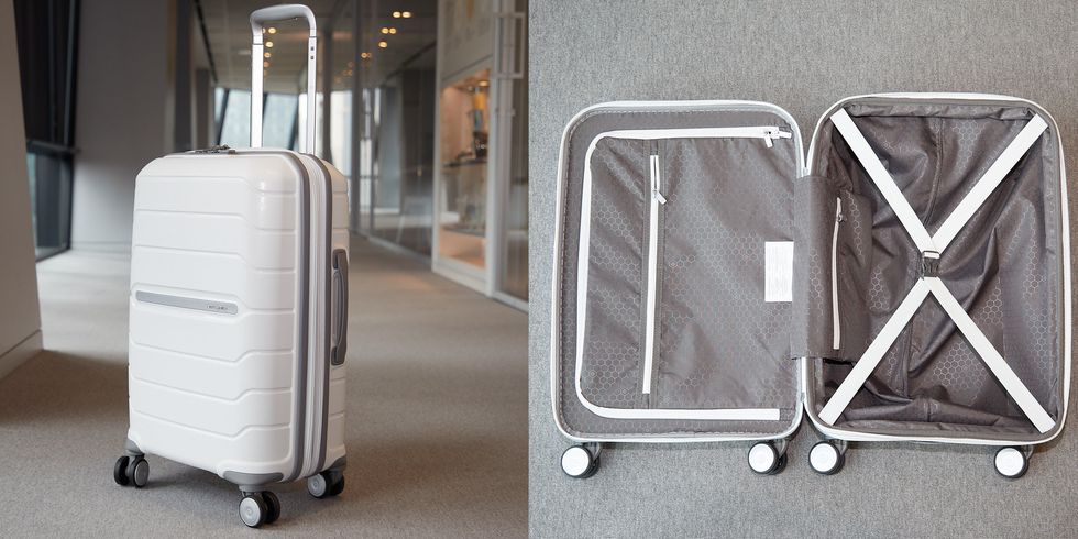 an open and closed suitcase from samsonite