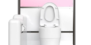white toilet with a pink and white background