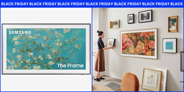 a samsung frame tv displaying art alongside a woman arranging framed artworks on a wall