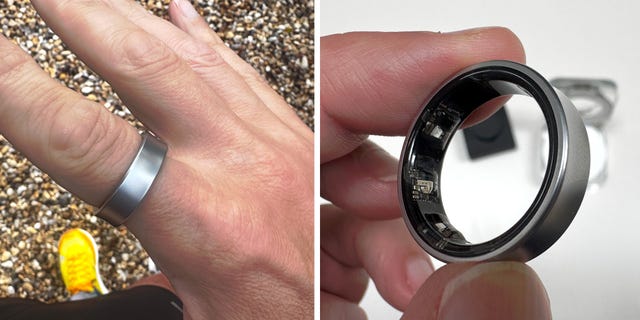 hand wearing a silver ring and a hand holding the silver ring