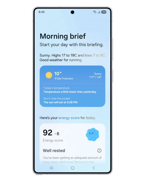 mobile device displaying a morning briefing with weather and energy score