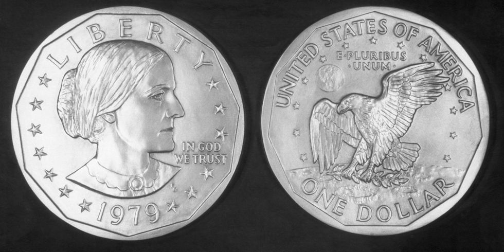 susan b anthony dollar seen in front and back views, on the front is a profile likeness of susan b anthony, the back features an eagle landing on a branch with wings spread