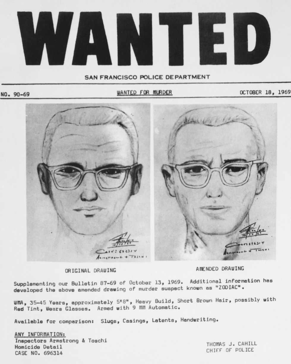 a police sketch of the zodiac killer on a wanted poster