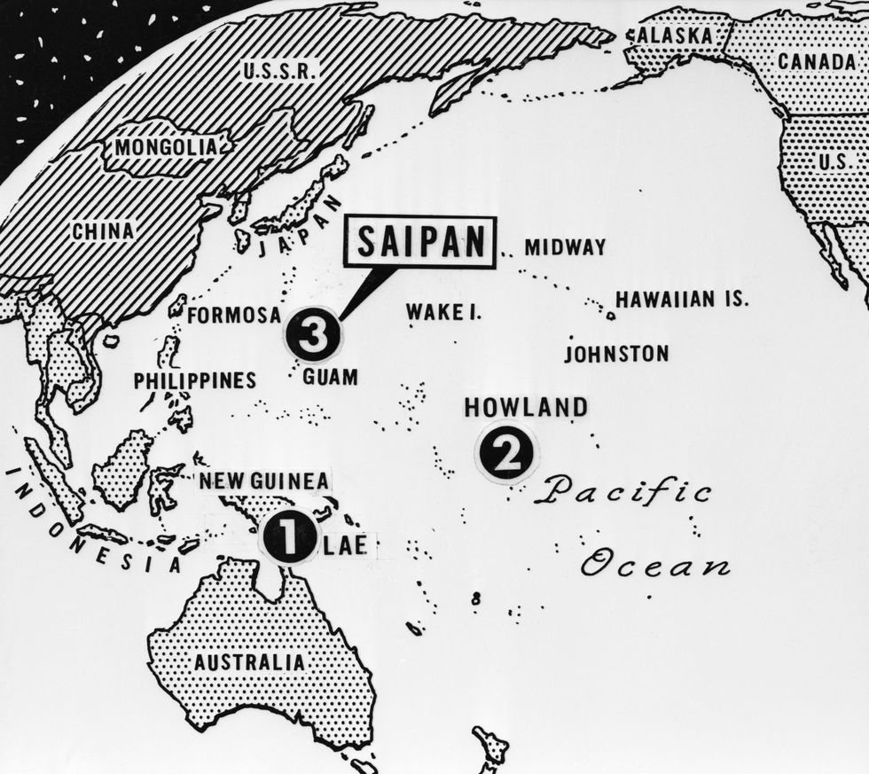 a map of the pacific ocean with lae new guinea, howland island, and saipan highlighted with numbers