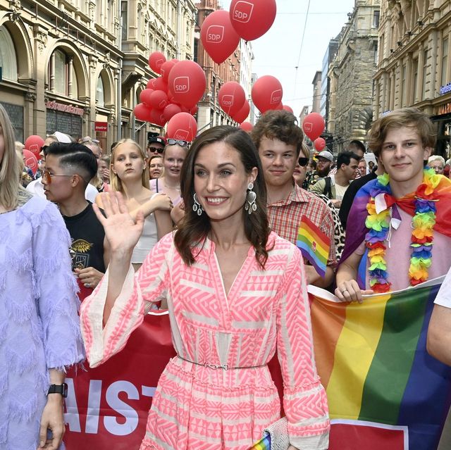 finnish prime minister sanna marin c  takes part in the 2022 helsinki pride march in helsinki, finland, on july 2, 2022   finland out photo by jussi nukari  lehtikuva  afp  finland out photo by jussi nukarilehtikuvaafp via getty images