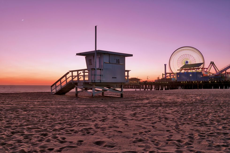 Ferris wheel, Sand, Ocean, Evening, Dusk, Beach, Red sky at morning, Sunset, Tourist attraction, Sunrise, 