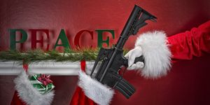 santa placing an assault weapon into a christmas stockings