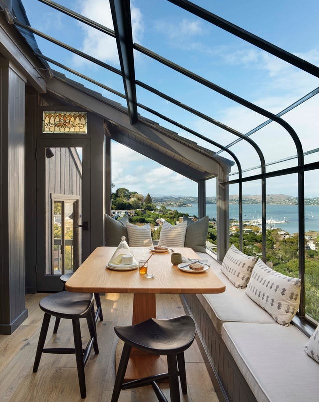 cozy dining area with a view overlooking a bay