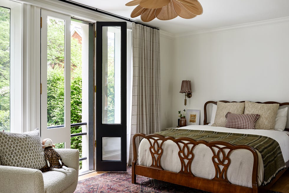 neutral bedroom with antique lighting