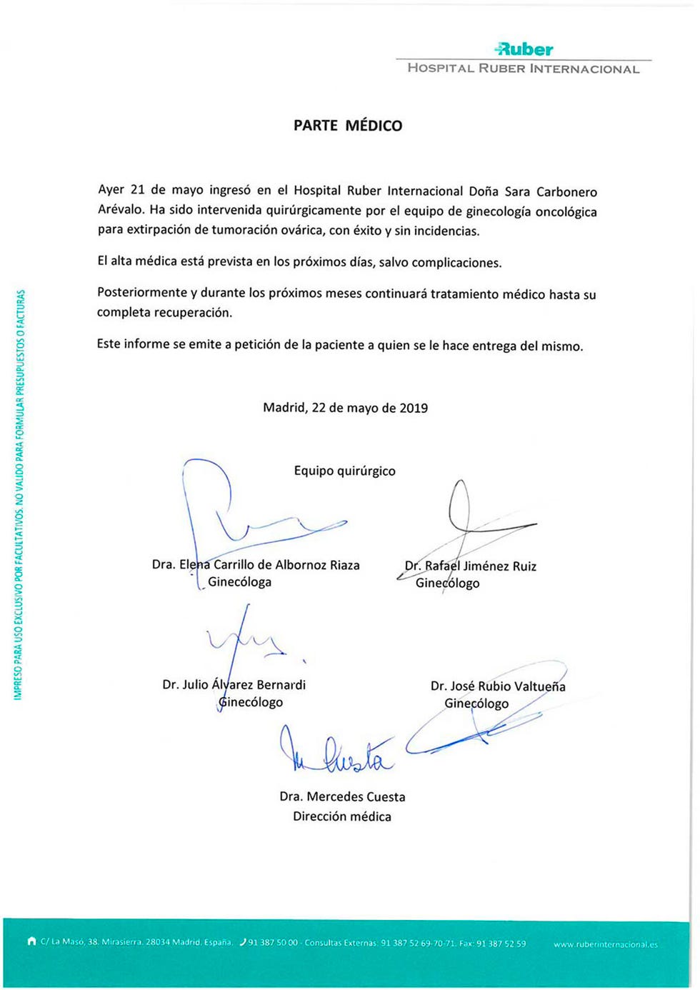 Sara Carbonero parte médico tumor