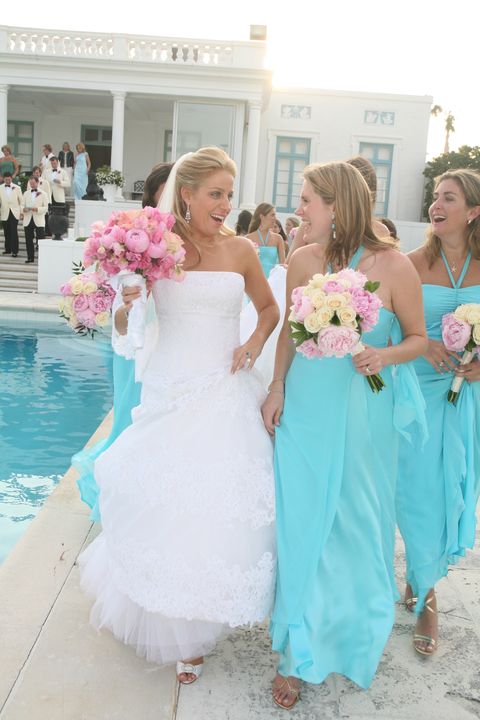 Dress, Photograph, Aqua, Clothing, Gown, Bride, Pink, Turquoise, Wedding dress, Bridal party dress, 