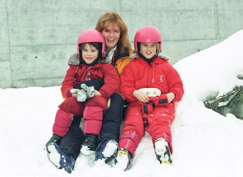 Sarah, Duchess of York, with Princess Beatrice, and Princess Eugenie, on a Skiing holiday in Verbier, Switzerland.