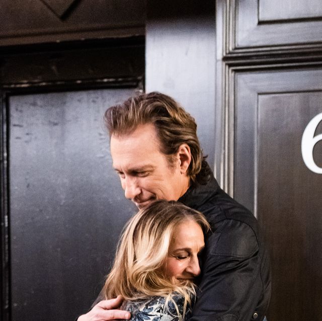 sarah jessica parker as carrie bradshaw and john corbett as aidan shaw on the set of and just like that