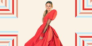 Clothing, Red, Dress, Gown, Fashion, Carpet, Outerwear, Flooring, Formal wear, A-line, 