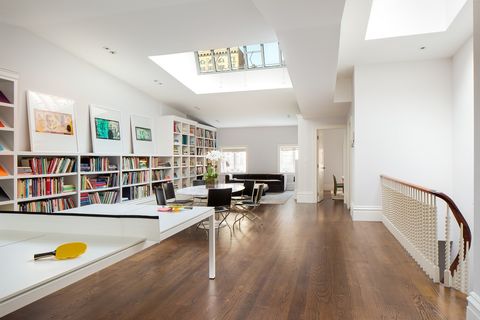 Room, Floor, Interior design, Flooring, Shelf, Bookcase, Shelving, Wall, Ceiling, Table, 