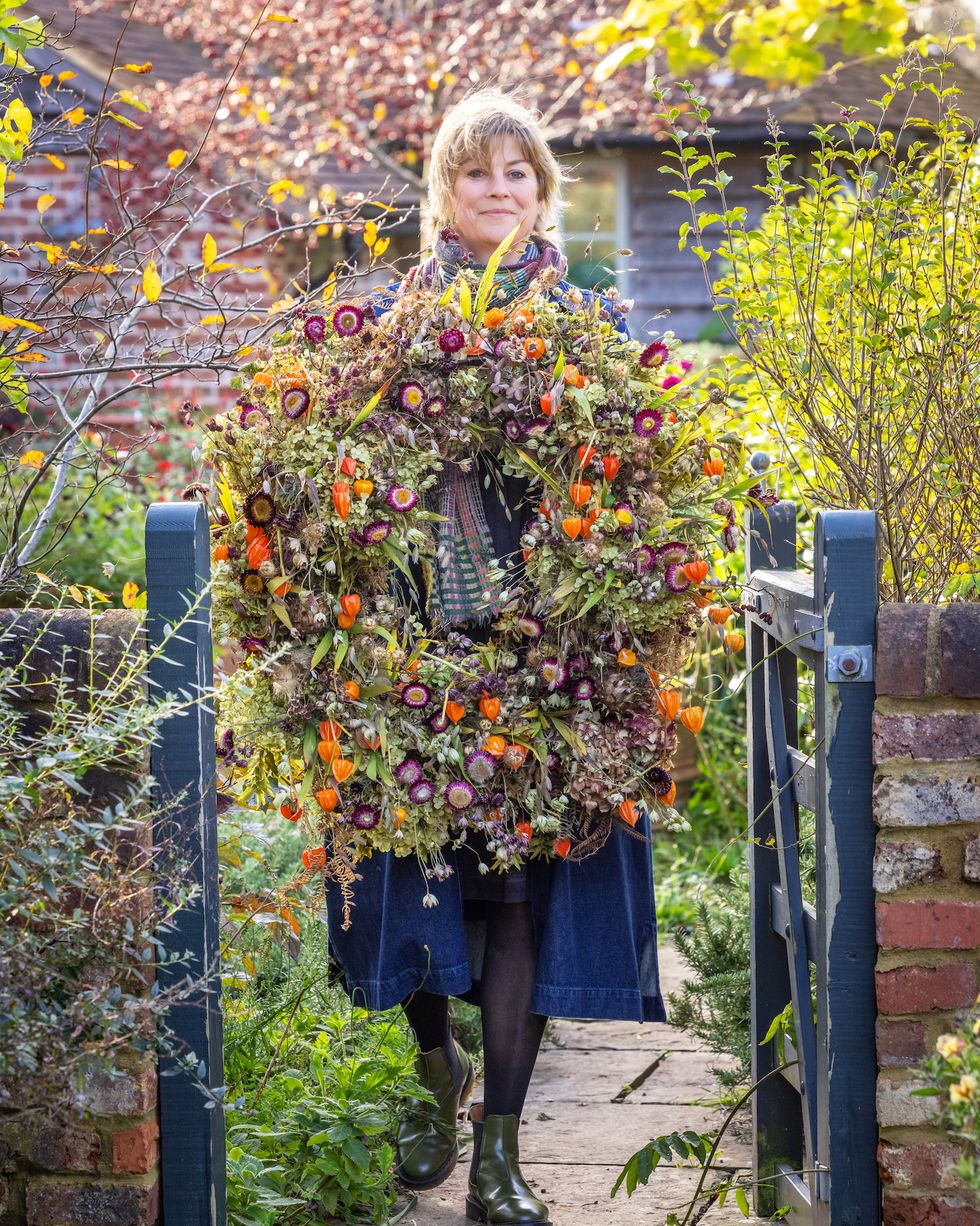 sarah raven carrying everlasting indoor wreath with hydrangea arborescens 'incrediball', physalis, chasmanthium latifolium, bracken, nigella and astrantia seedheads, globe artichokes and helichrysum bracteatum syn xerochrysum bracteatum 'dragon fire' syn, 'red dragon' strawflower, everlasting flower, immortelle all on a willow base