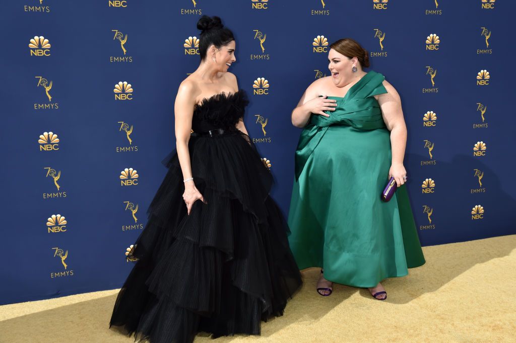 Chrissy Metz Walks 2018 Emmys Red Carpet In Arm Baring Green Dress