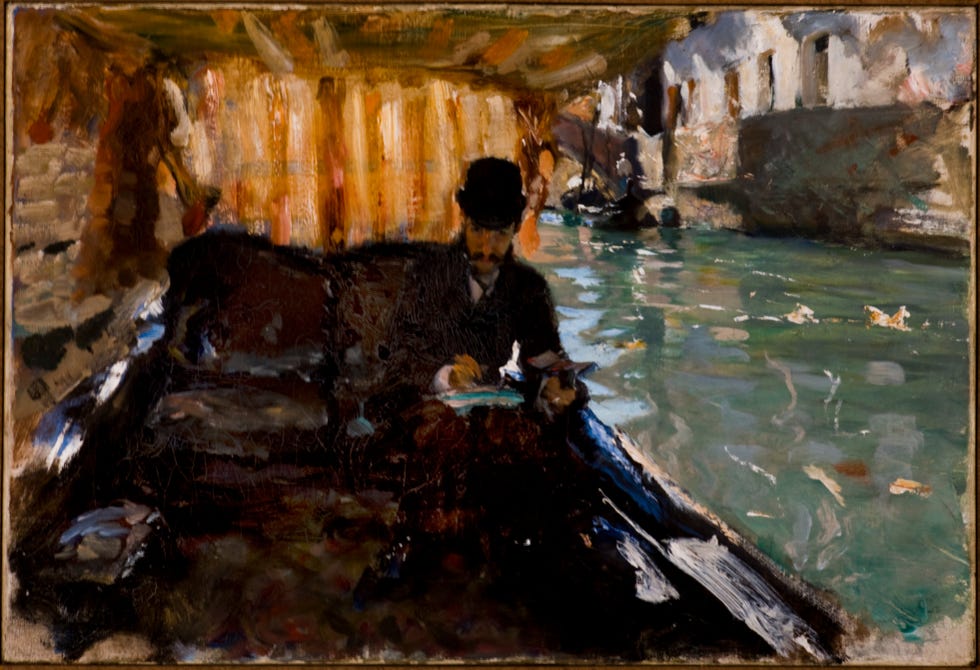 painting depicting a figure seated in a boat on a body of water