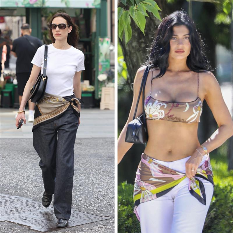 two women wearing fashionable outfits featuring patterned garments in an urban setting