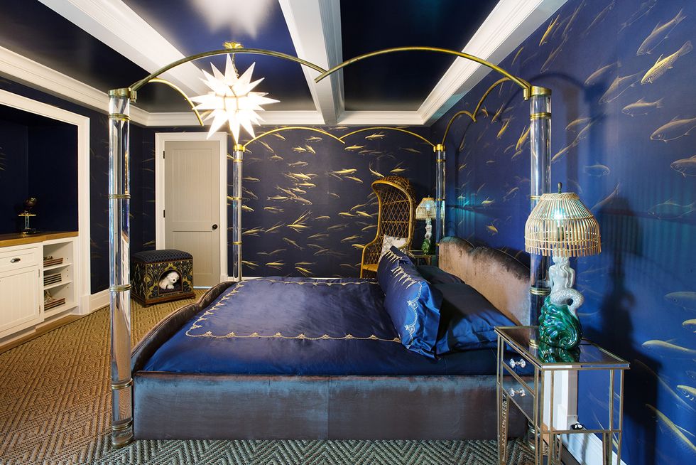 Blue, Room, Interior design, Ceiling, Building, Furniture, Bedroom, Bed, Architecture, House, 