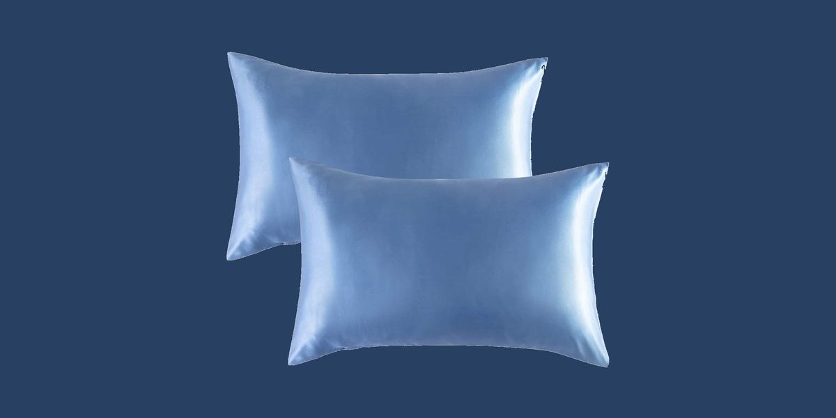 blue sating pillowcases with navy blue background