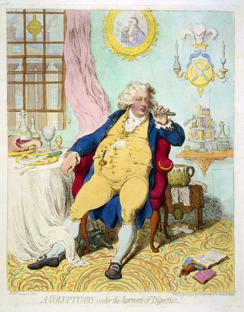 a voluptuary under the horrors of digestion george iv  prince regent 1811 1820 when prince of wales, showing his extravagance, grossness and self indulgence cartoon by james gilray 1756 1815 published london 1792 photo by universal history archivegetty images