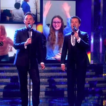 ant and dec's saturday night takeaway finale, with ant and dec singing on stage with mcfly's tom fletcher and danny jones