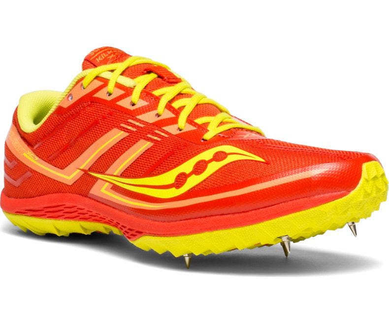 Footwear, Shoe, Running shoe, Yellow, Orange, Red, Outdoor shoe, Walking shoe, Athletic shoe, Cleat, 