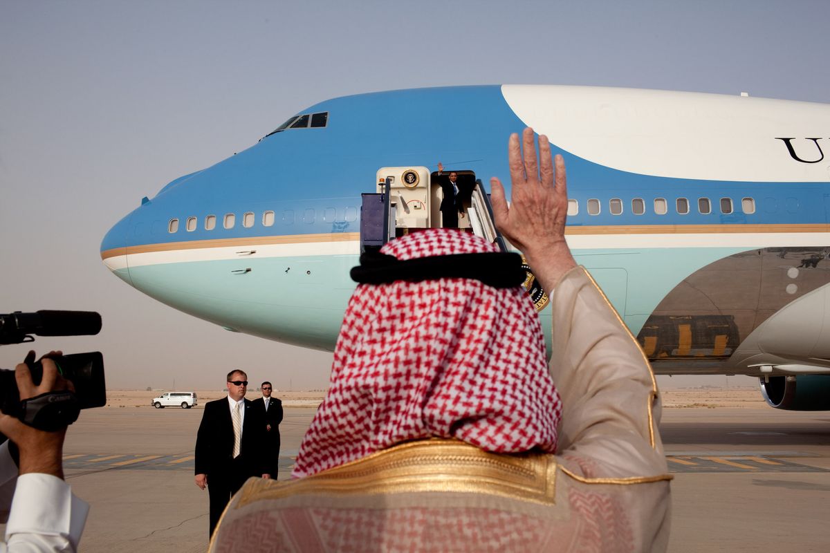 president barack obama waves goodbye from the steps of air force one as he departs king khalid international airport in riyadh, saudi arabia on his way to cairo, egypt, june 4, 2009 official white house photo by pete souzathis official white house photograph is being made available for publication by news organizations andor for personal use printing by the subjects of the photograph the photograph may not be manipulated in any way or used in materials, advertisements, products, or promotions that in any way suggest approval or endorsement of the president, the first family, or the white house